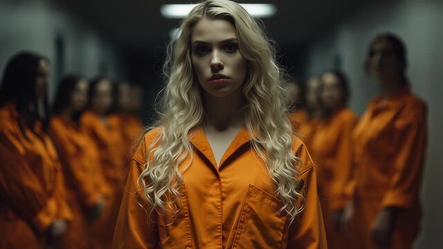Confident blonde female prisoner standing in front of a group of inmates in a dark prison corridor