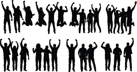 Silhouette set of happy people jumping, celebrating success and victory, energetic group cheering, black vector illustration collection