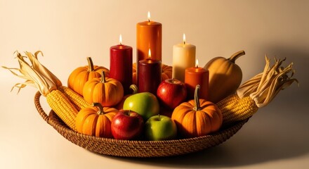 Festive autumn centerpiece with pumpkins, apples, corn, and candles in a woven basket display