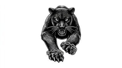 Ferocious black panther with chains lunges forward.