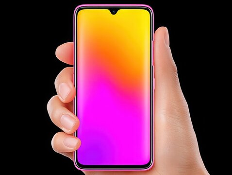 Hand holding smartphone with vibrant gradient screen on black background - Powered by Adobe