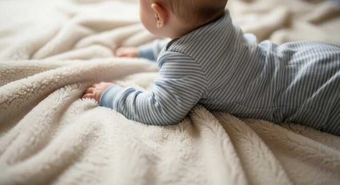 Baby tummy time on soft blanket cute infant development milestone newborn learning and playing at home