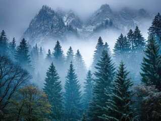 Misty forest landscape with evergreen trees and mountain backdrop  