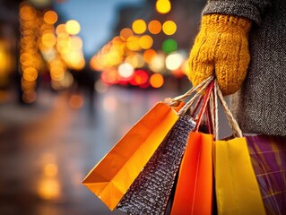 Person holding shopping bags while walking in festive city lights  