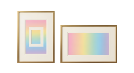 Two framed pictures with pastel rainbow gradient art and white matting isolated on a transparent background