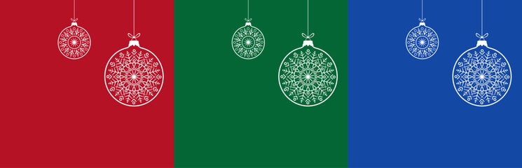 Abstract editable stroke vintage christmas baubles set with snowflake decoration on red, green, blue backround. Balls with iceflake to use for christmas card, xmas, winter holiday, new year projects. 