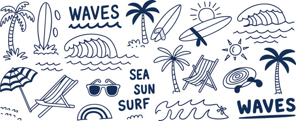 Summer beach hand drawn doodle illustration vector, sun, surf, waves, palm trees, surfboard, sunglasses, vacation, relaxation, marine resort, graphic. © Deep Mind Creations