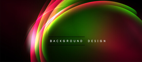 Abstract vibrant curves create dynamic background. Green dominates, accented by red, white, black hues. Modern design element.