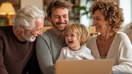 Happy multi-generational family having a video call with relatives on a laptop - Powered by Adobe