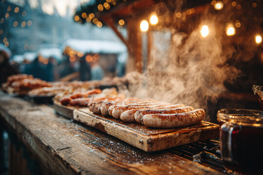 German Christmas market food stall serving grilled bratwurst and mulled wine, steam rising into the cold winter air, warm lighting against snowy surroundings
