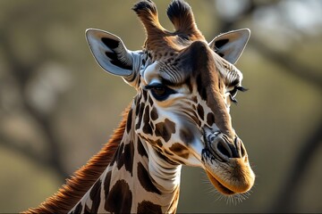 Stunning close-up portrait of a majestic giraffe's head and long neck against a softly blurred natural background