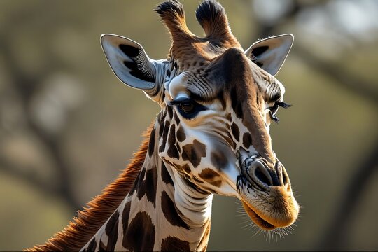 Stunning close-up portrait of a majestic giraffe's head and long neck against a softly blurred natural background - Powered by Adobe