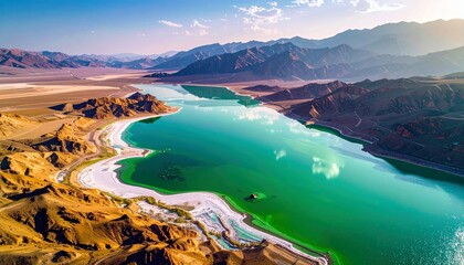 An aerial view captures a strikingly vibrant green lake nestled amidst rugged, arid mountains and white salt flats under a clear, bright sky.