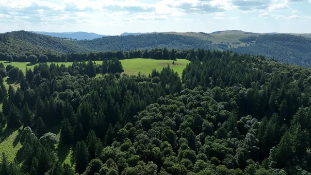 Aerial view of lush green fields and forests, contrasting with the shadows and light, creating a picturesque landscape along Route des Cretes, Fellering, Grand Est, France.