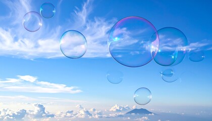 Soap bubbles float against a bright blue sky with cirrus clouds. A distant peak barely rises above low-lying fog