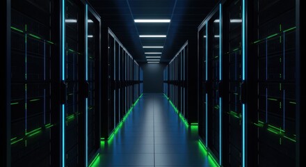 A long, dark server room corridor with rows of glowing computer racks and blue and green led lights, creating a futuristic data center atmosphere