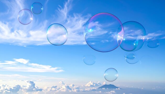 Soap bubbles float against a bright blue sky with cirrus clouds. A distant peak barely rises above low-lying fog - Powered by Adobe