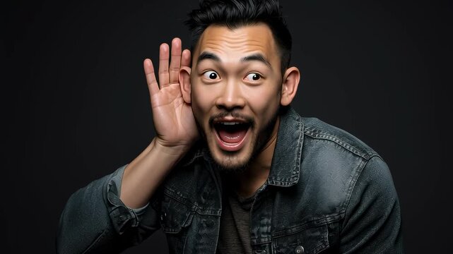 Smiling Asian man cupping his hand to his ear to overhear a conversation