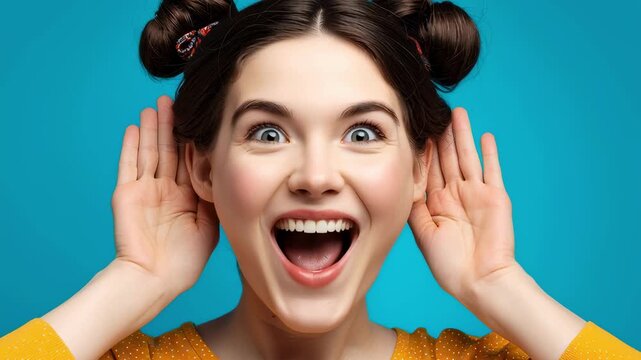 Curious young woman with space buns hairstyle listening to a secret or gossip