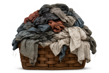 Laundry basket overflowing with colorful dirty clothes, symbolizing household chores, mess, and needing a wash, transparent background