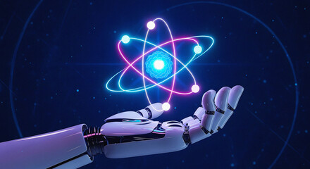 Futuristic Robotic Hand Holding a Glowing Neon Atom Model on a Dark Blue Technology Background Artificial Intelligence, Quantum Computing, and Advanced Scientific Research in the Modern Digital Age