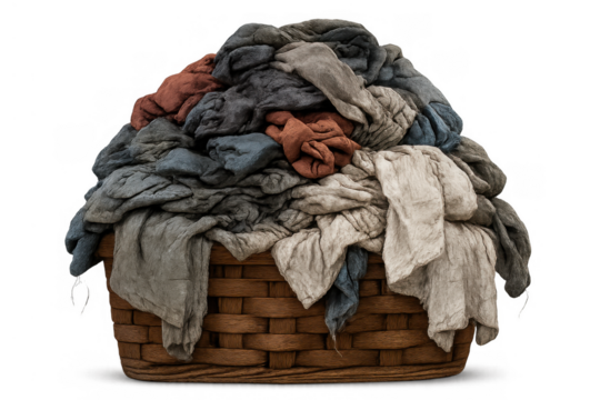 Laundry basket overflowing with colorful dirty clothes, symbolizing household chores, mess, and needing a wash, transparent background