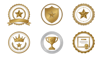 A collection of six golden and silver emblems featuring stars crowns shields and a trophy on black