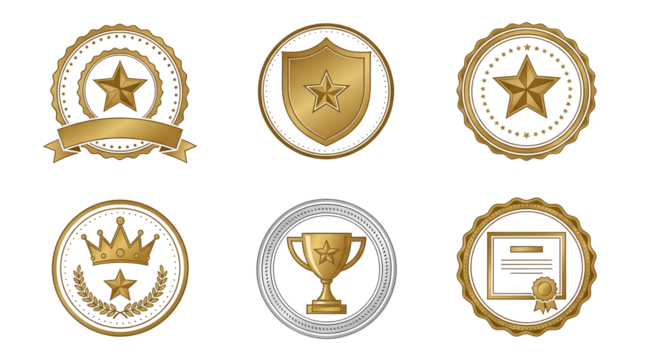 A collection of six golden and silver emblems featuring stars crowns shields and a trophy on black