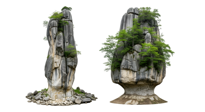 Two karst rock formations with lush green trees growing on them isolated on a transparent background 1