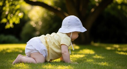 Baby crawling on grass adorable infant exploring nature outdoors summer child development milestone learning