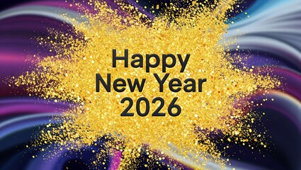 Golden glitter explosion with happy new year 2026 text on abstract purple background