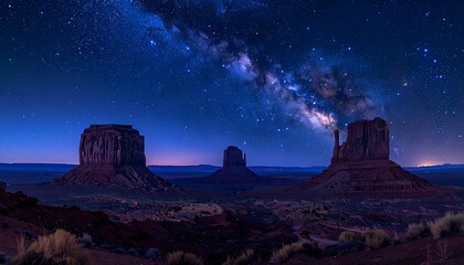 Obraz premium Starry sky over desert landscape with mesas glowing under celestial light, casting long shadows