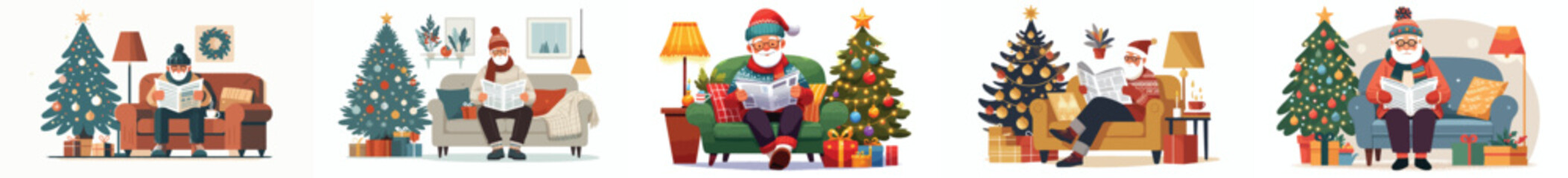 Grandpa reading newspaper on the sofa in winter