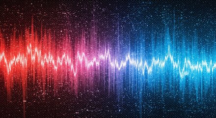 Vibrant sound wave pulsating with electric energy in red, blue, and pink on a dark textured background, perfect for music or technology promotions