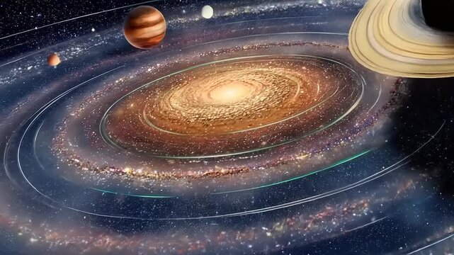 Planetary system visualization planets orbiting in space against galaxy background