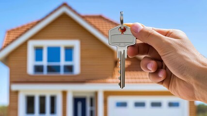 Hand holding house key new home real estate purchase property mortgage closing ownership success, sale investment, homeowner keychain sold - Powered by Adobe