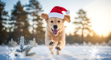 Golden Retriever puppy joyfully runs through snow wearing a Santa hat.