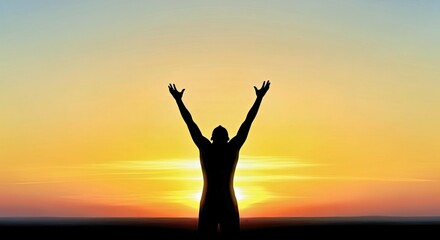 Silhouette of Man With Arms Raised Against Colorful Sunset Sky