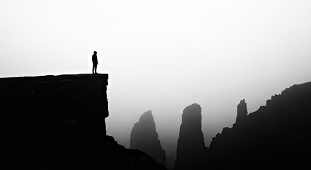 Silhouette of Person Standing on Mountain Cliff Edge in Misty Landscape