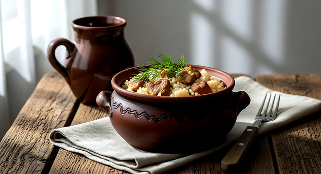 Still life, Rustic farmhouse style of Bulgarian zelevi sarmi with pork and rice, in a hand-thrown clay pot with a sprig of fresh dill 