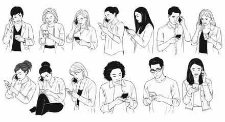 Diverse Group of People Engaged with Smartphones, Hand-Drawn Sketch Style.