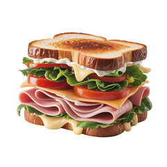 Delicious stacked deli sandwich with ham cheese lettuce and tomato on toasted bread isolated on transparent background
