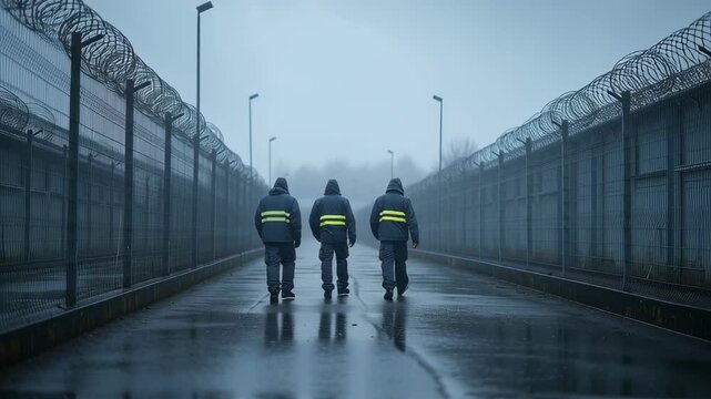 Three prison guards patrolling along a fence on a foggy day