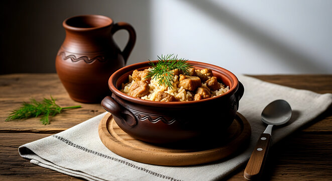 Still life, Rustic farmhouse style of Bulgarian zelevi sarmi with pork and rice, in a hand-thrown clay pot with a sprig of fresh dill 