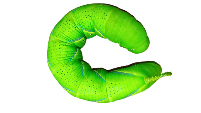 Full view of a large, plump green tomato hornworm caterpillar showing its segmented body and small legs, isolated on transparent background