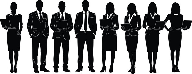 Large group of professional business people silhouettes, men and women standing with laptops, corporate team vector illustration, formal office attire