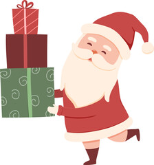 Santa Claus carrying a stack of Christmas presents vector illustration