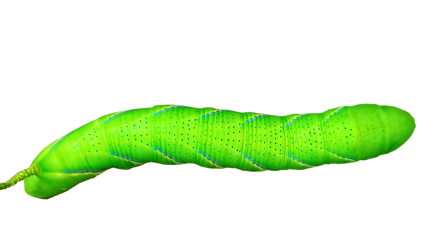 Full view of a large, plump green tomato hornworm caterpillar showing its segmented body and small legs, isolated on transparent background