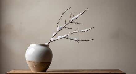 Minimalist vase with twig on wooden table in neutral setting  