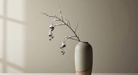 Elegant vase with minimalist branch and rowan berries in soft light  